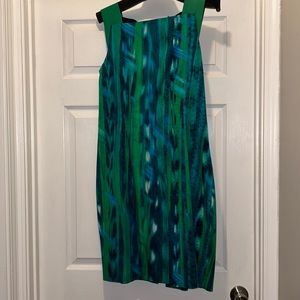 Elie Tahari Davis Bay Blue and Green Fitted Sheath Dress with Leather Trim